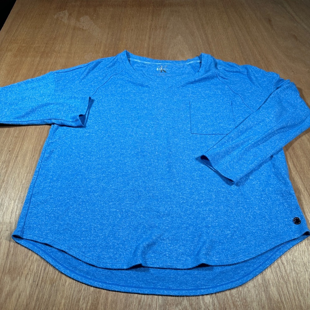 Calvin Klein Top Women XL Blue Heathered V-Neck Pocket Long Sleeve Pleated Back